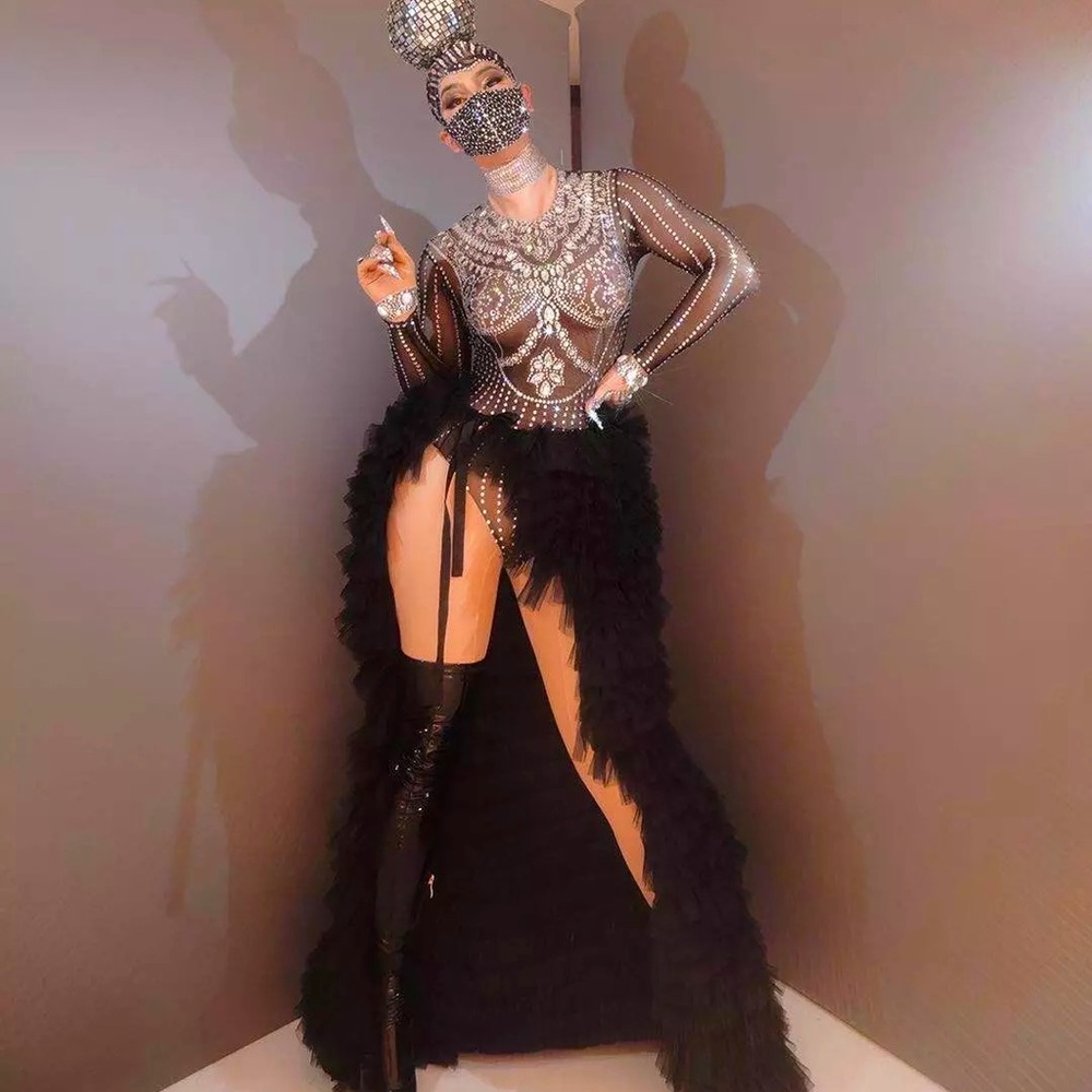 Brand New Sexy See Through Rhinestone Bodysuit + High Slit Long Ruffle Skirt